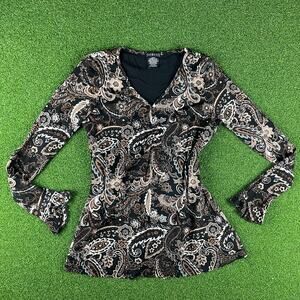 Vintage Y2K George Brown Paisley Sheer Long Sleeve Ruffle Cuff Top Sz M